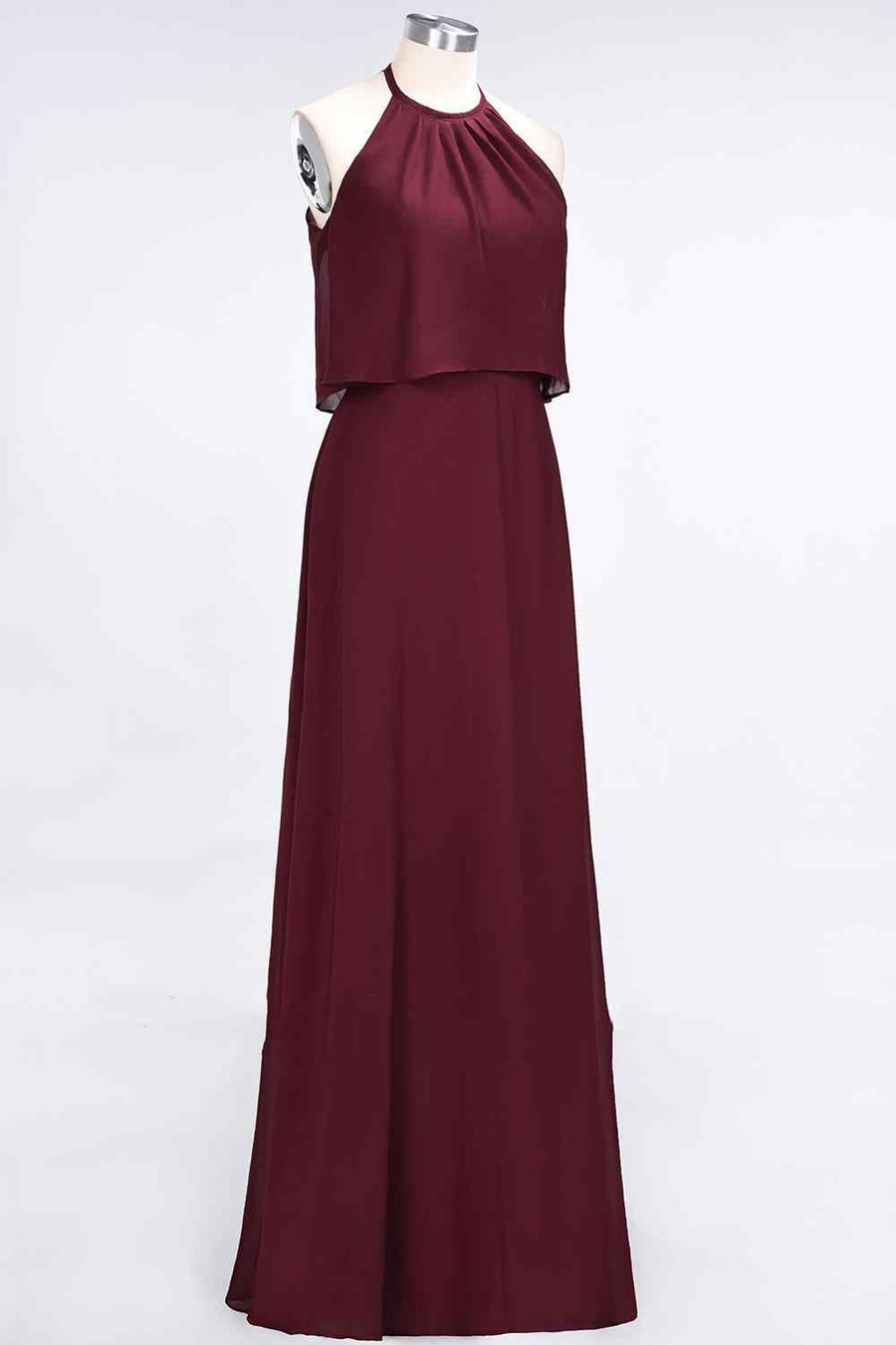 Burgundy A-line Halter Chiffon Crepe Long Bridesmaid Dress