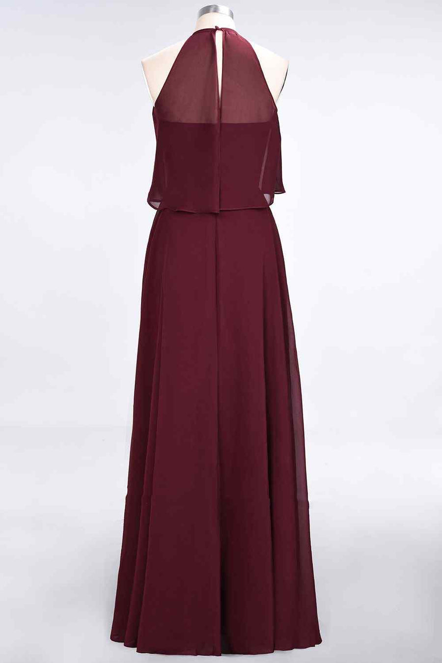 Burgundy A-line Halter Chiffon Crepe Long Bridesmaid Dress