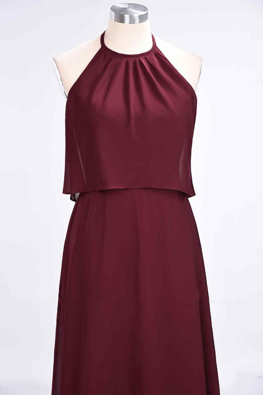 Burgundy A-line Halter Chiffon Crepe Long Bridesmaid Dress