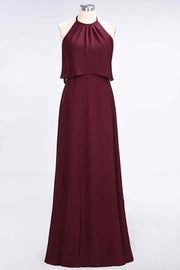 Burgundy A-line Halter Chiffon Crepe Long Bridesmaid Dress