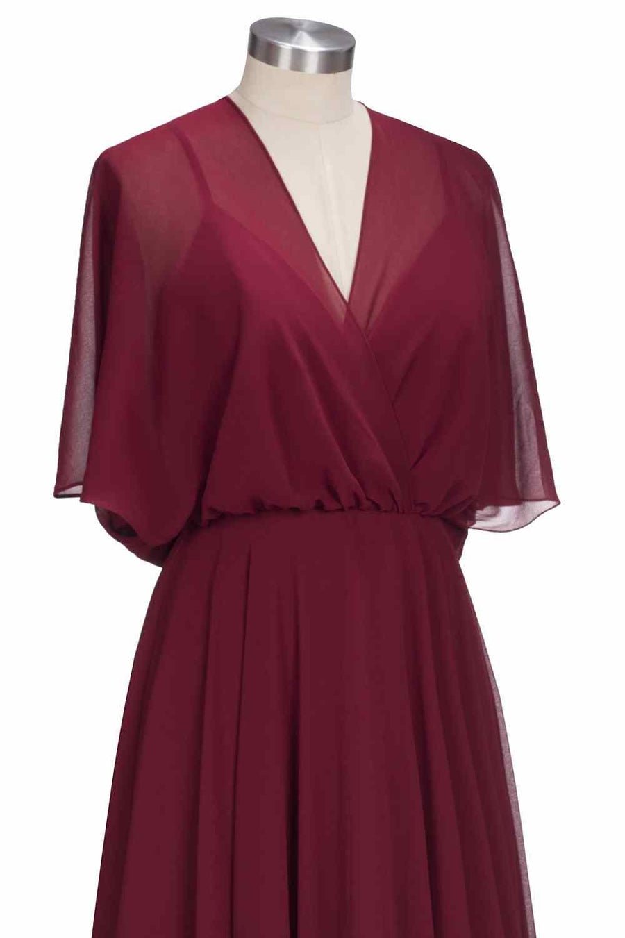 Burgundy A-line V Neck Bow Tie Back Chiffon Crepe Long Bridesmaid Dress
