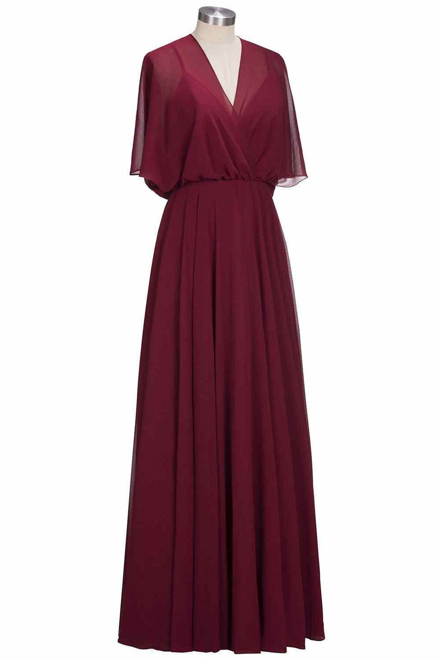 Burgundy A-line V Neck Bow Tie Back Chiffon Crepe Long Bridesmaid Dress