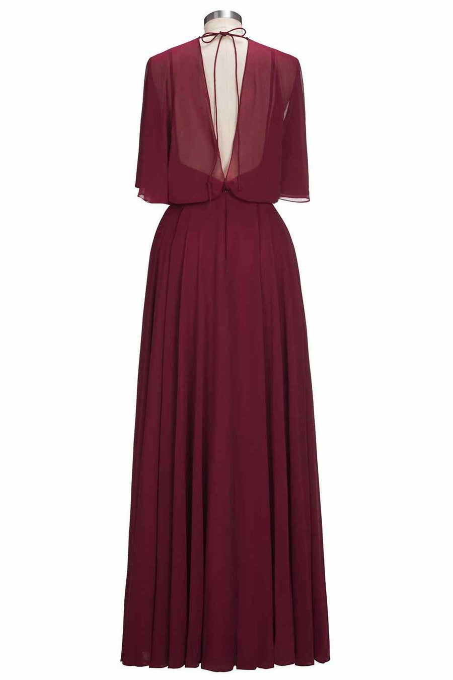 Burgundy A-line V Neck Bow Tie Back Chiffon Crepe Long Bridesmaid Dress