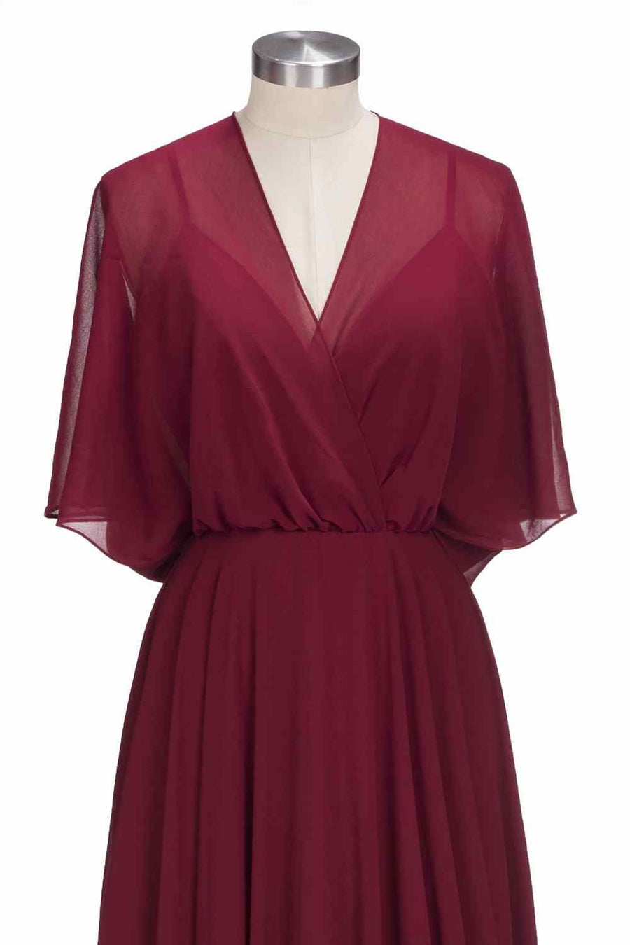 Burgundy A-line V Neck Bow Tie Back Chiffon Crepe Long Bridesmaid Dress