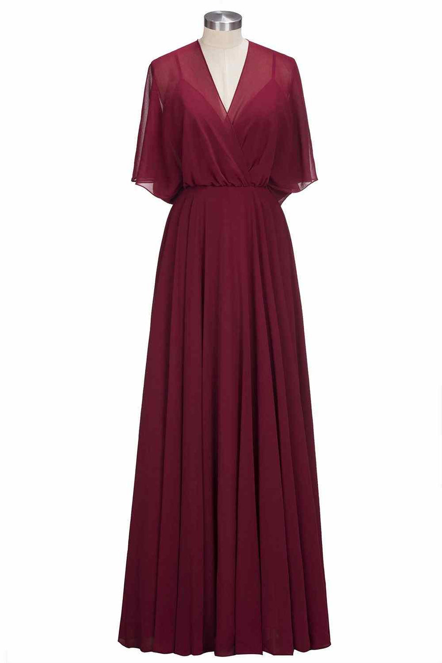 Burgundy A-line V Neck Bow Tie Back Chiffon Crepe Long Bridesmaid Dress