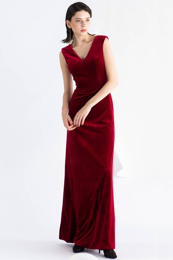 V Neck Burgundy Velvet Dress