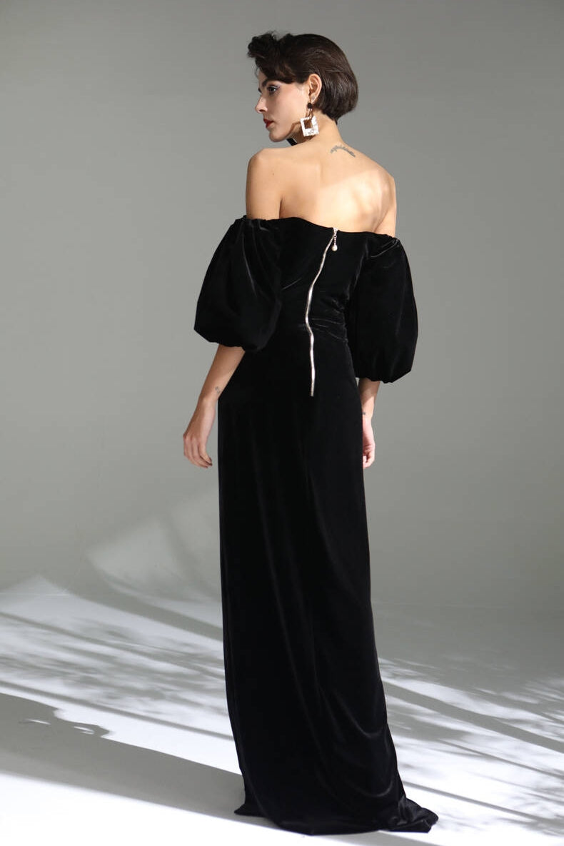 Black Velvet Dress with Bell Sleeves Black / US 14