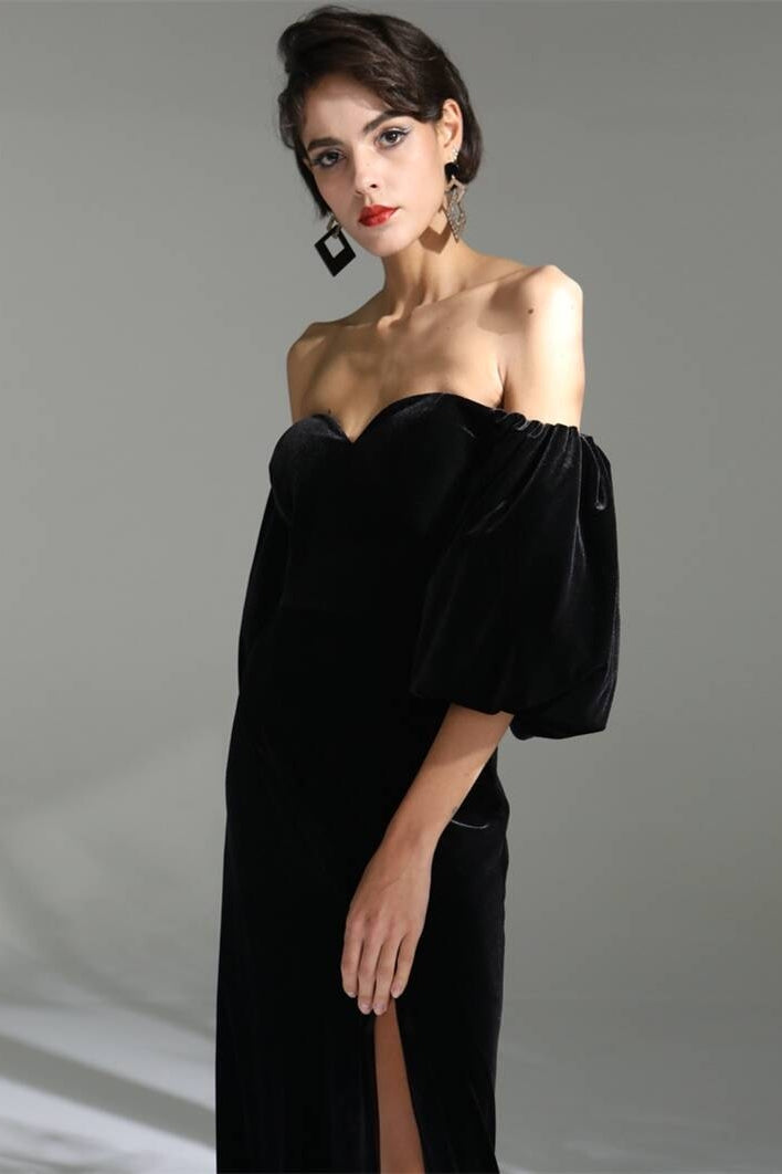 Black velvet dress shop with bell sleeves