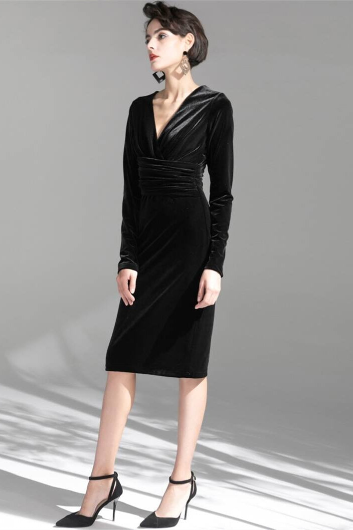 Long Sleeves Black Velvet Knee Length Dress Black / Custom Size Long Sleeves Black Velvet Knee Length Dress Black / Custom Size