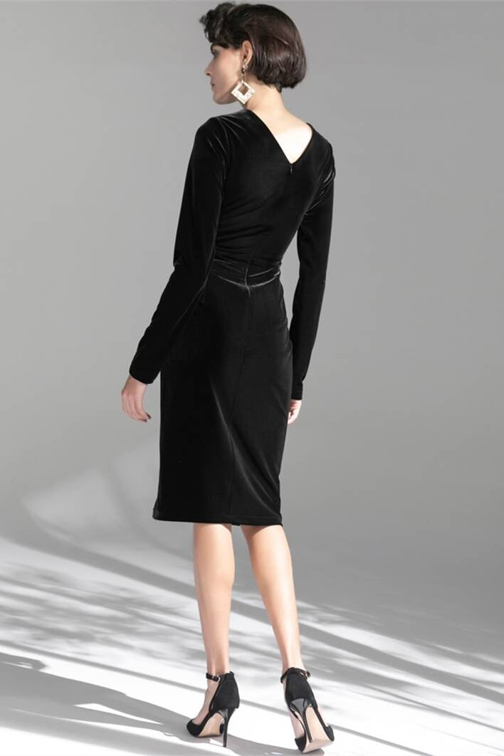 Long Sleeves Black Velvet Knee Length Dress Black / Custom Size Long Sleeves Black Velvet Knee Length Dress Black / Custom Size