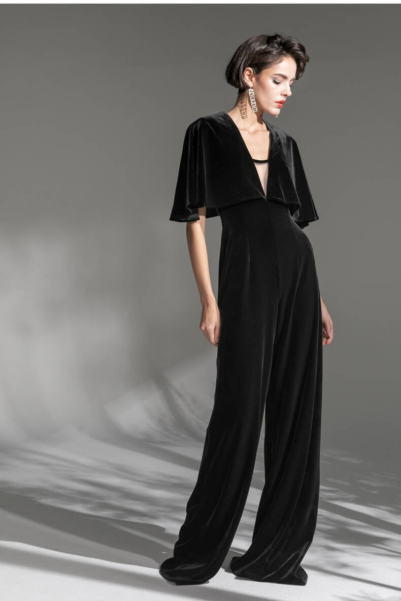 Plunge Black Velvet Jumpsuit