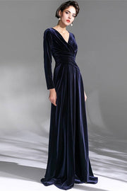 Long Sleeves Navy Blue Velvet Dress