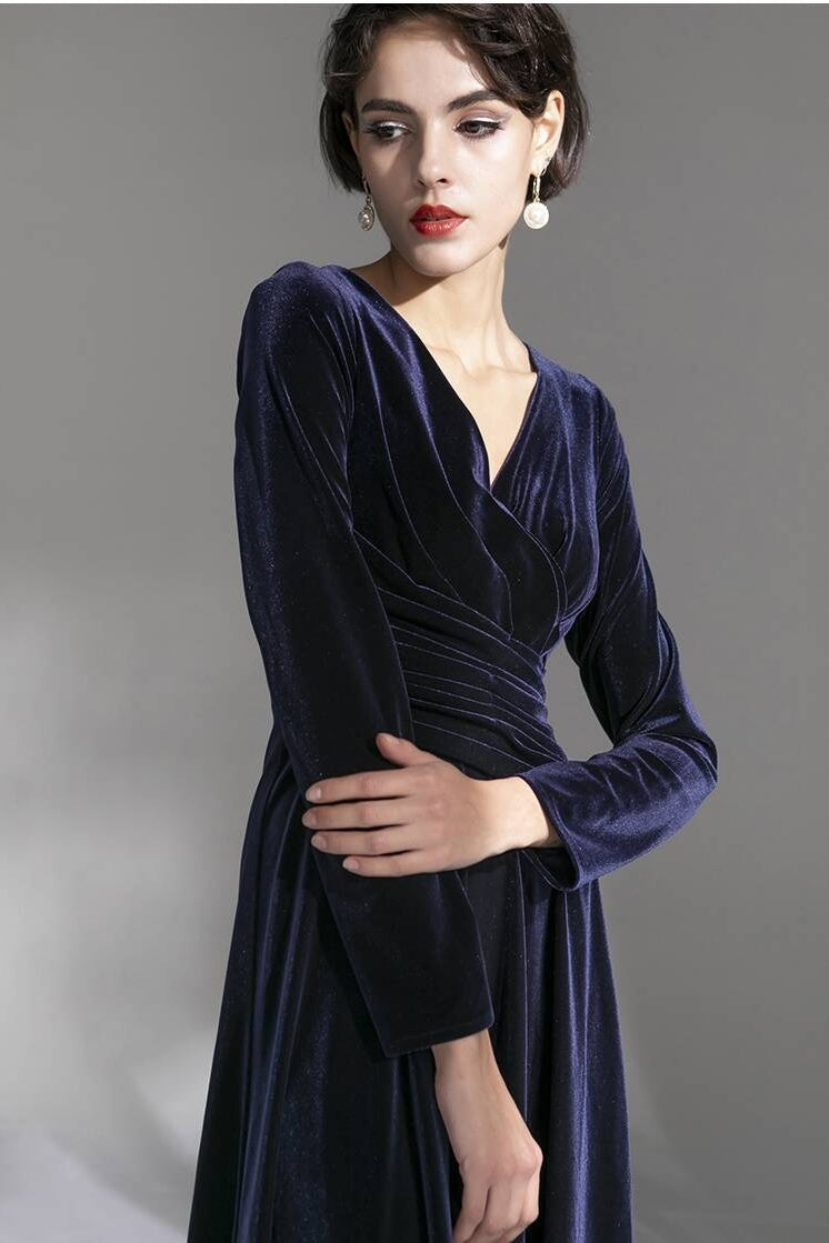 Long Sleeves Navy Blue Velvet Dress