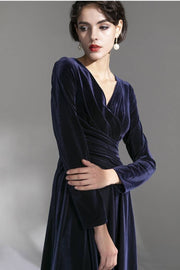 Long Sleeves Navy Blue Velvet Dress