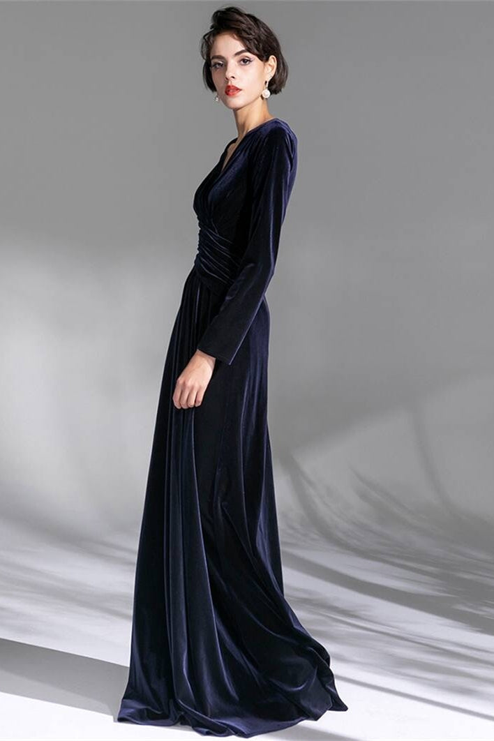 Long Sleeves Navy Blue Velvet Dress