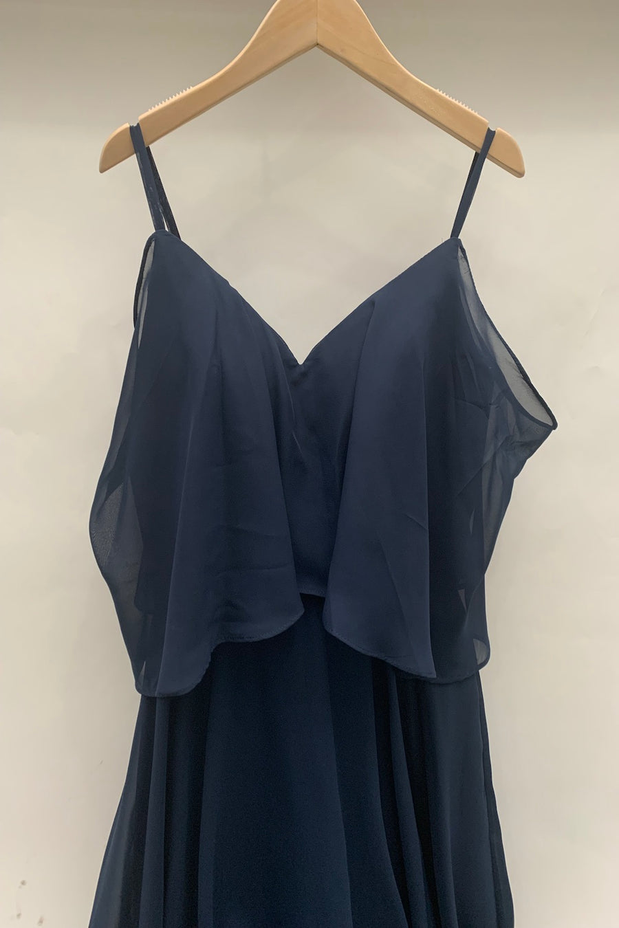 Navy Blue A-line Spaghetti Strap Sash Ruffle Long Bridesmaid Dress