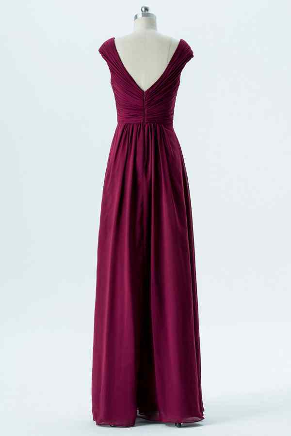 Orchid A-line Chiffon Pleated Cap Sleeve Long Bridesmaid Dress
