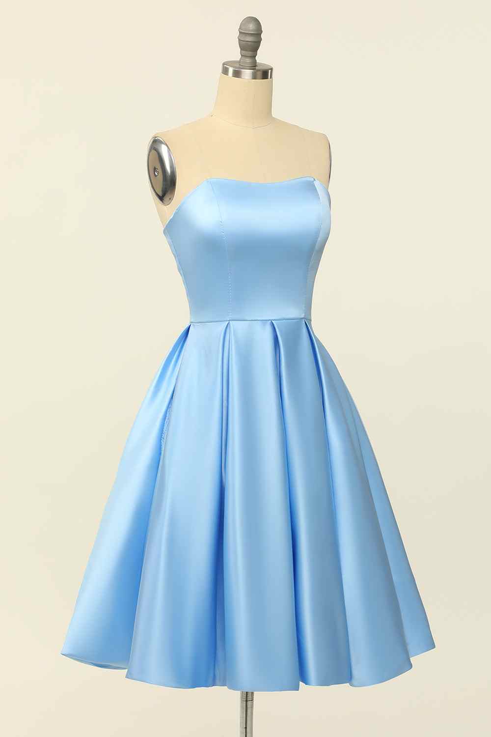 Blue A-line Strapless Satin Mini Homecoming Dress