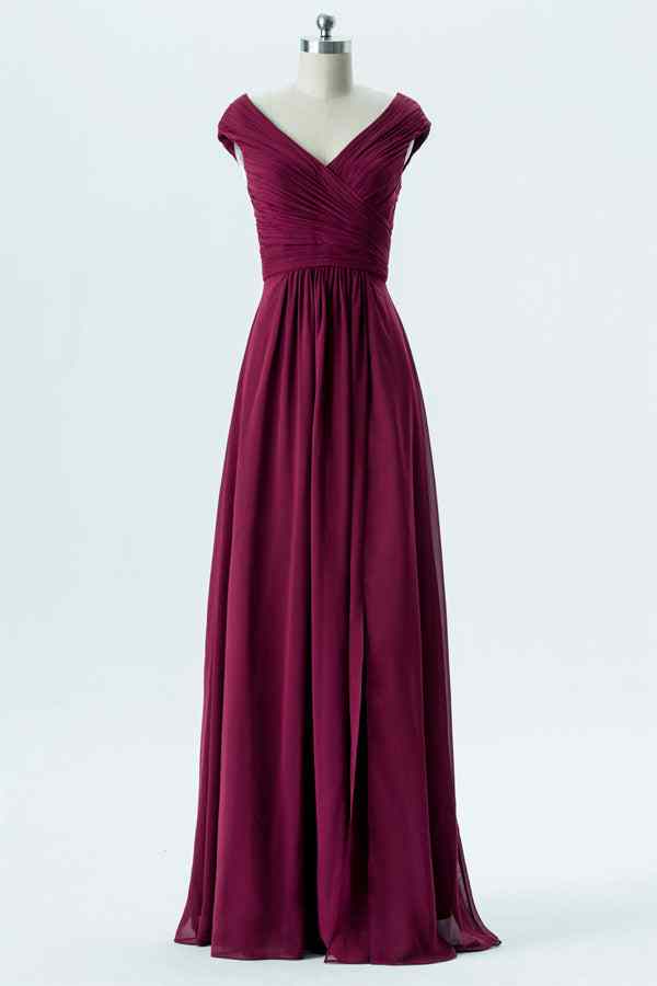 Orchid A-line Chiffon Pleated Cap Sleeve Long Bridesmaid Dress