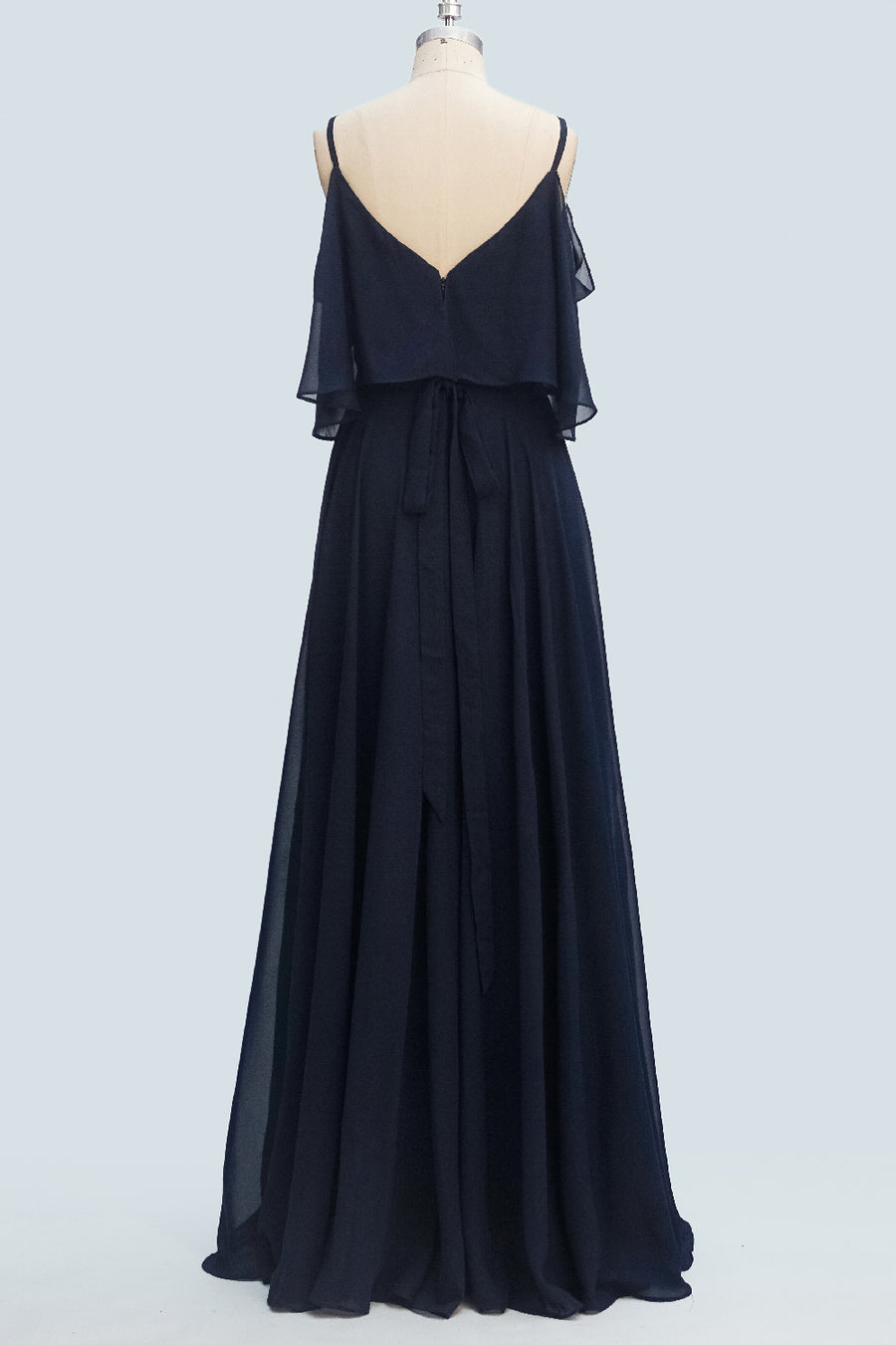 Navy Blue A-line Spaghetti Strap Sash Ruffle Long Bridesmaid Dress