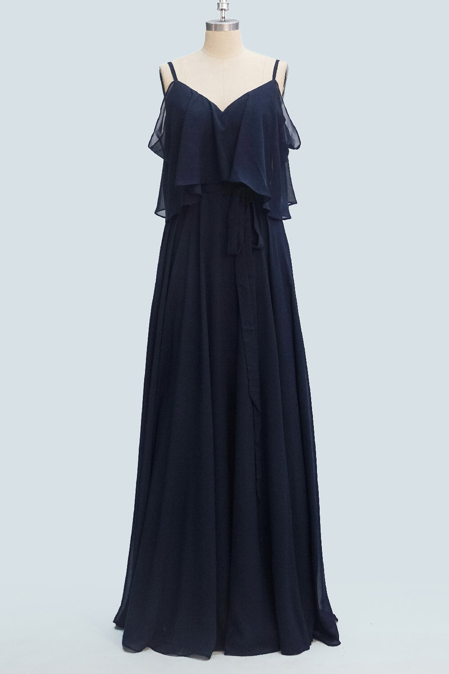 Navy Blue A-line Spaghetti Strap Sash Ruffle Long Bridesmaid Dress