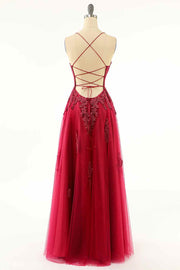 Burgundy A-line Scoop Neckline Lace-Up Back Tulle Applique Long Prom Dress