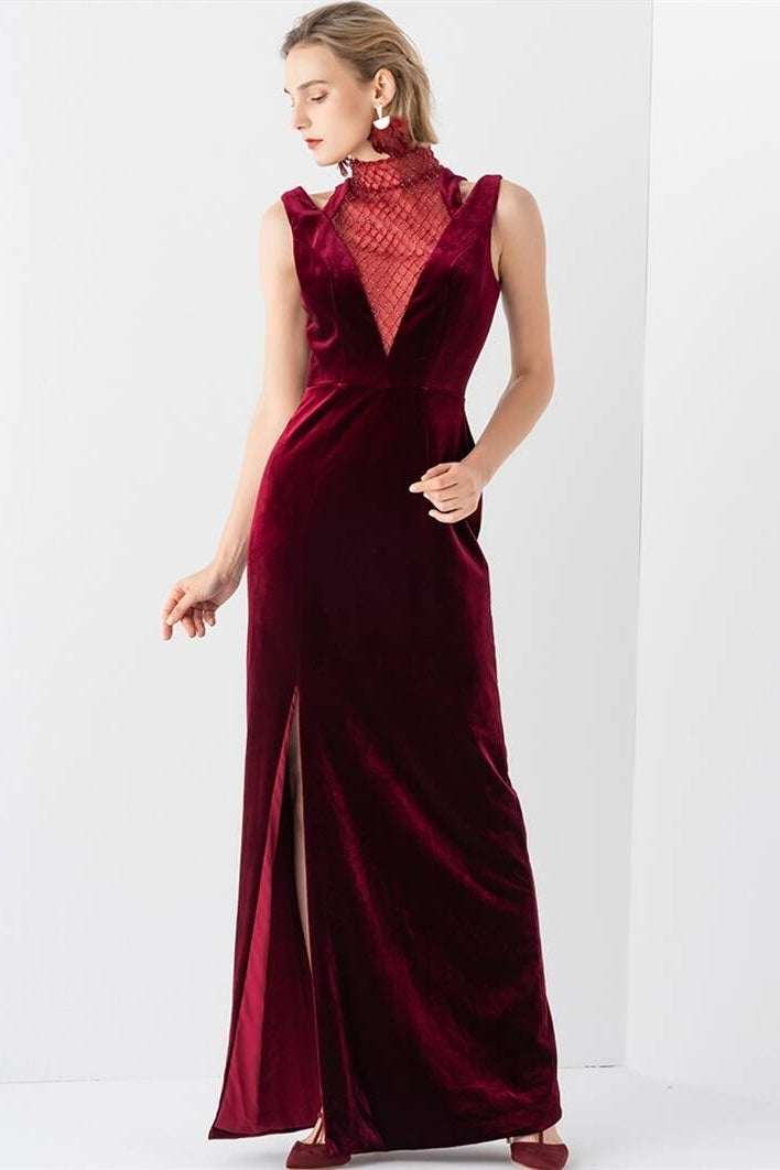 High Neck Burgundy Velvet Dress