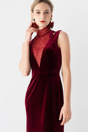 High Neck Burgundy Velvet Dress