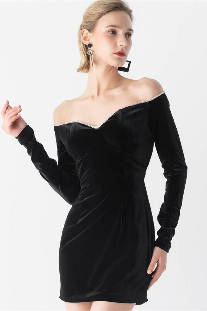 Black Velvet Tight Dress with Long Sleeves Black / US 16