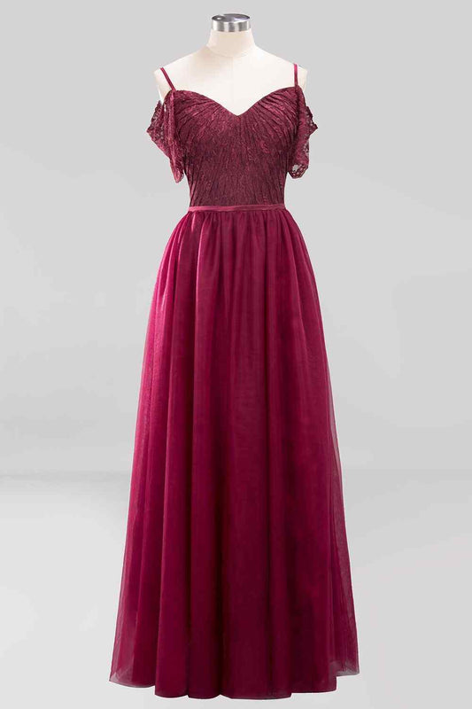 Mulberry A-line Lace Off-Shoulder Pleated Tulle Long Bridesmaid Dress