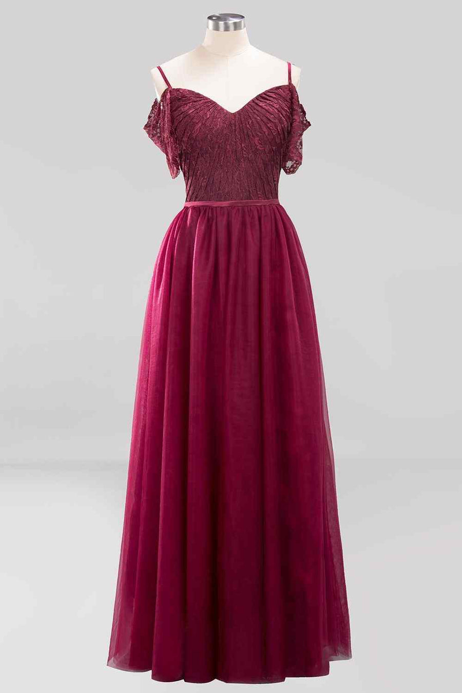 Mulberry A-line Lace Off-Shoulder Pleated Tulle Long Bridesmaid Dress Mulberry / US 2 Mulberry A-line Lace Off-Shoulder Pleated Tulle Long Bridesmaid Dress Mulberry / US 2