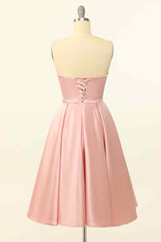 Pink A-line Strapless Satin Lace-Up Back Mini Homecoming Dress