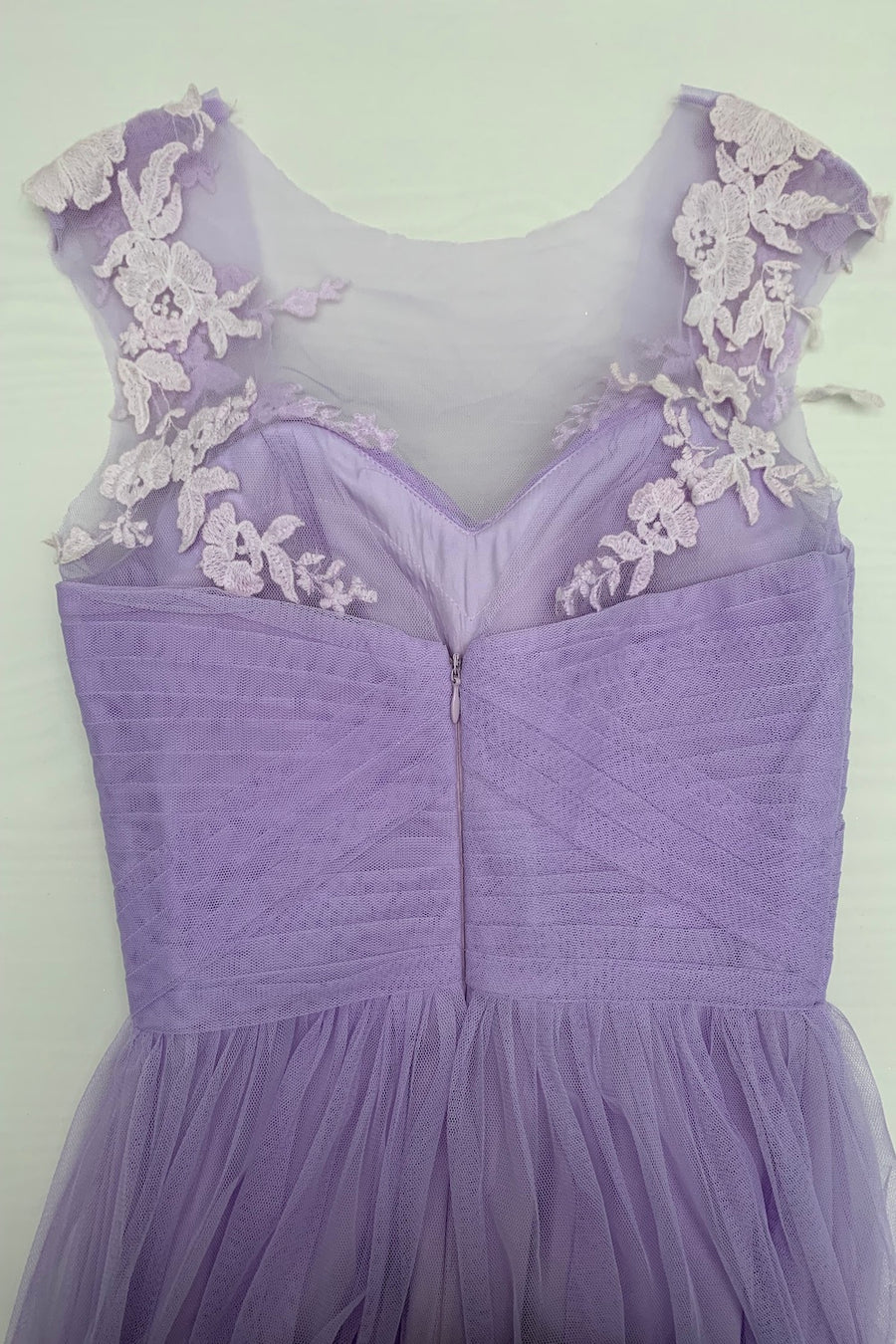Lavender A-line Illusion Tulle Pleated Lace Long Bridesmaid Dress