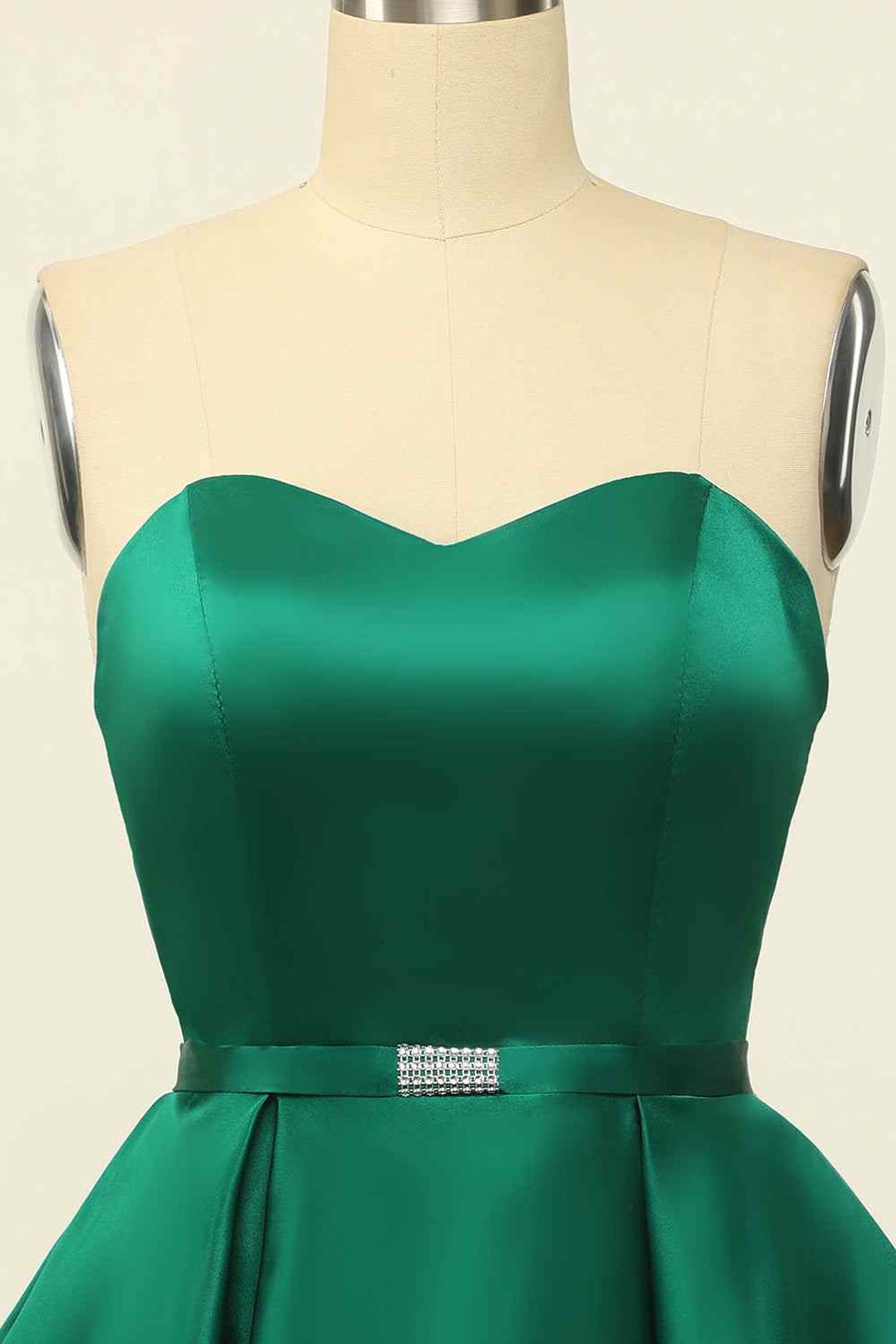 Hunter Green A-line Strapless Satin Mini Homecoming Dress with Beaded Sash