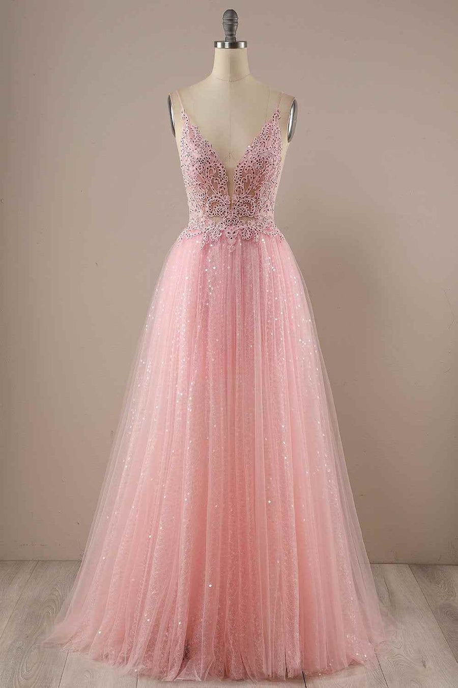 V-Neck Open Back Tulle A-Line Long Party Prom Dress