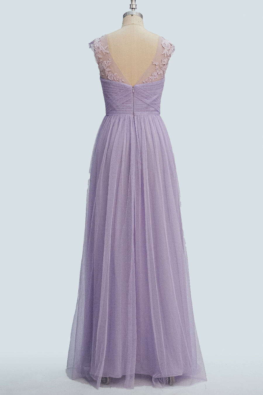 Lavender A-line Illusion Tulle Pleated Lace Long Bridesmaid Dress