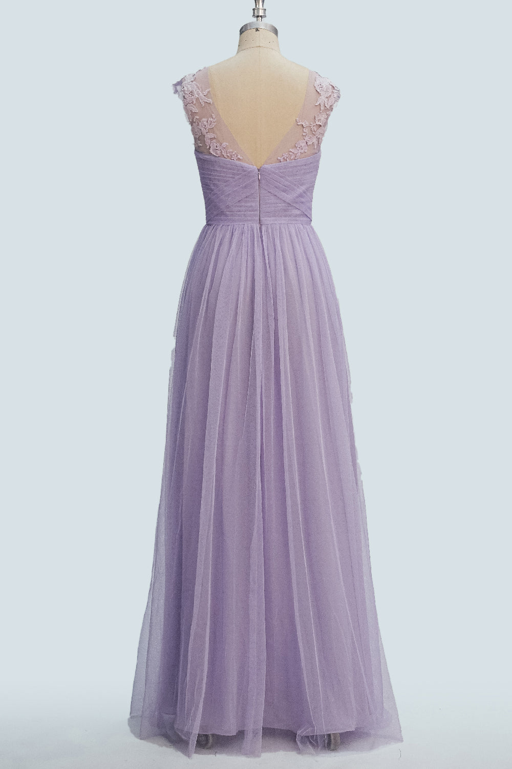 Lavender A-line Illusion Tulle Pleated Lace Long Bridesmaid Dress Lavender / US 10