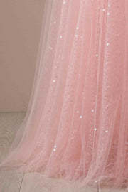 Candy Pink A-line V Neckline Sparkly Tulle Applique Long Prom Dress