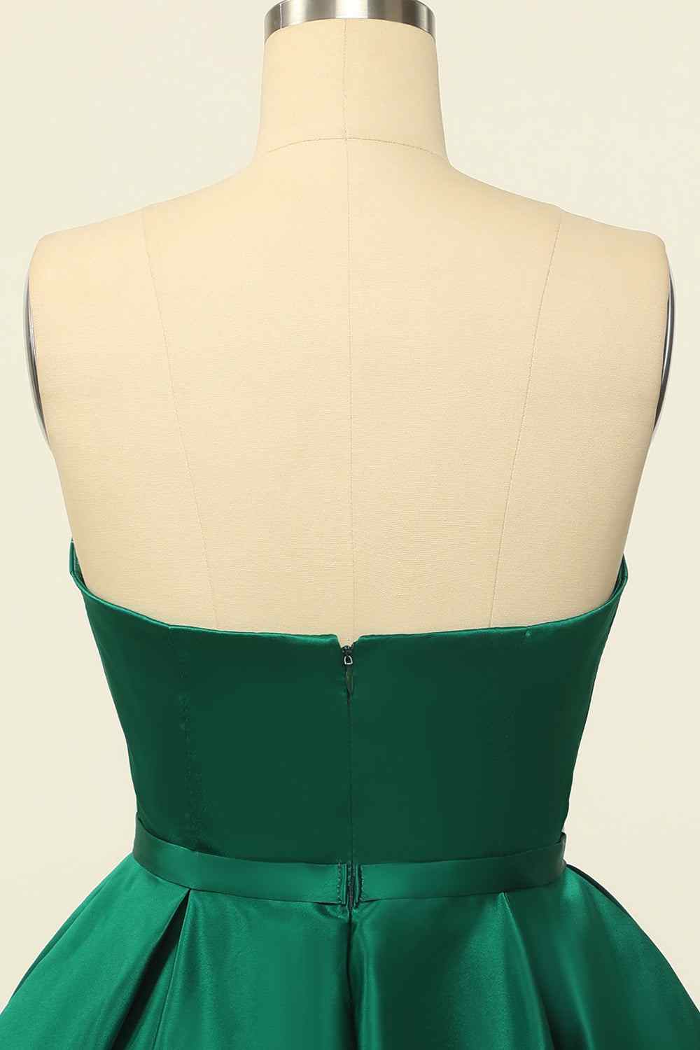 Hunter Green A-line Strapless Satin Mini Homecoming Dress with Beaded Sash