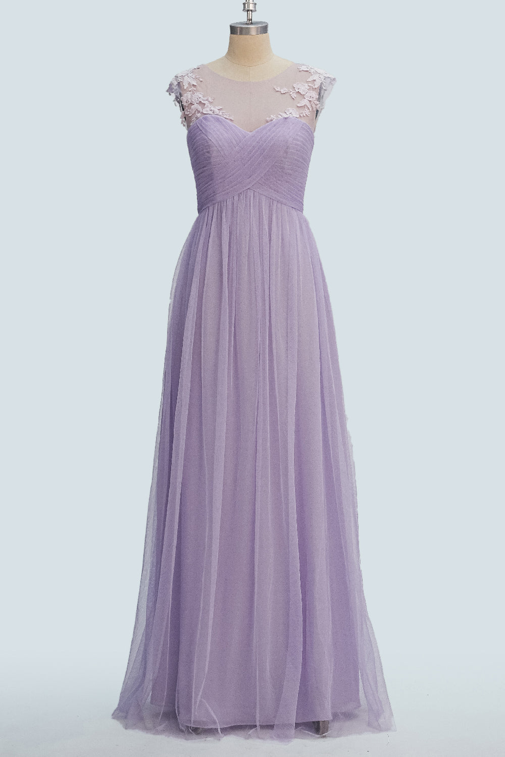 Lavender A-line Illusion Tulle Pleated Lace Long Bridesmaid Dress