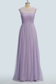 Lavender A-line Illusion Tulle Pleated Lace Long Bridesmaid Dress