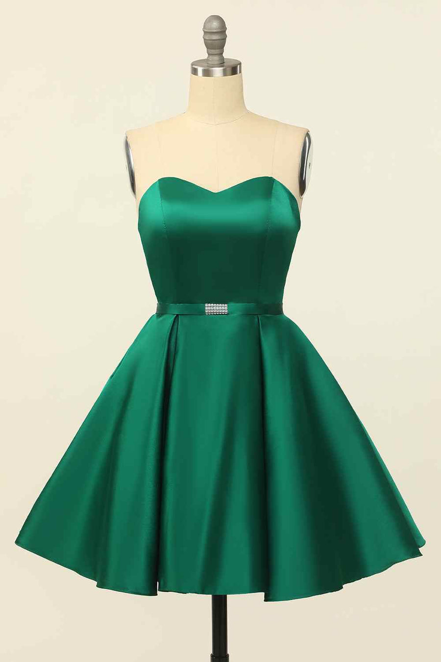 Hunter Green A-line Strapless Satin Mini Homecoming Dress with Beaded | Joyofdress Hunter Green A-line Strapless Satin Mini Homecoming Dress with Beaded | Joyofdress