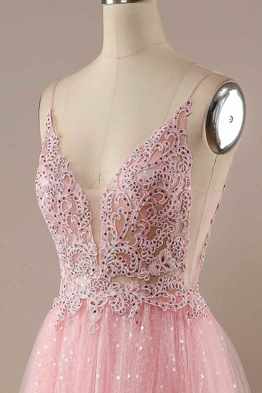 V-Neck Open Back Tulle A-Line Long Party Prom Dress