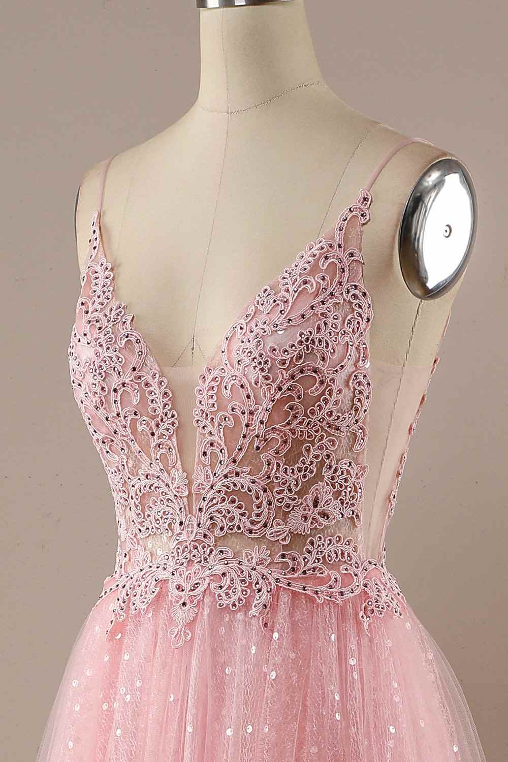 Candy Pink A-line V Neckline Sparkly Tulle Applique Long Prom Dress