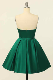 Hunter Green A-line Strapless Satin Mini Homecoming Dress with Beaded Sash