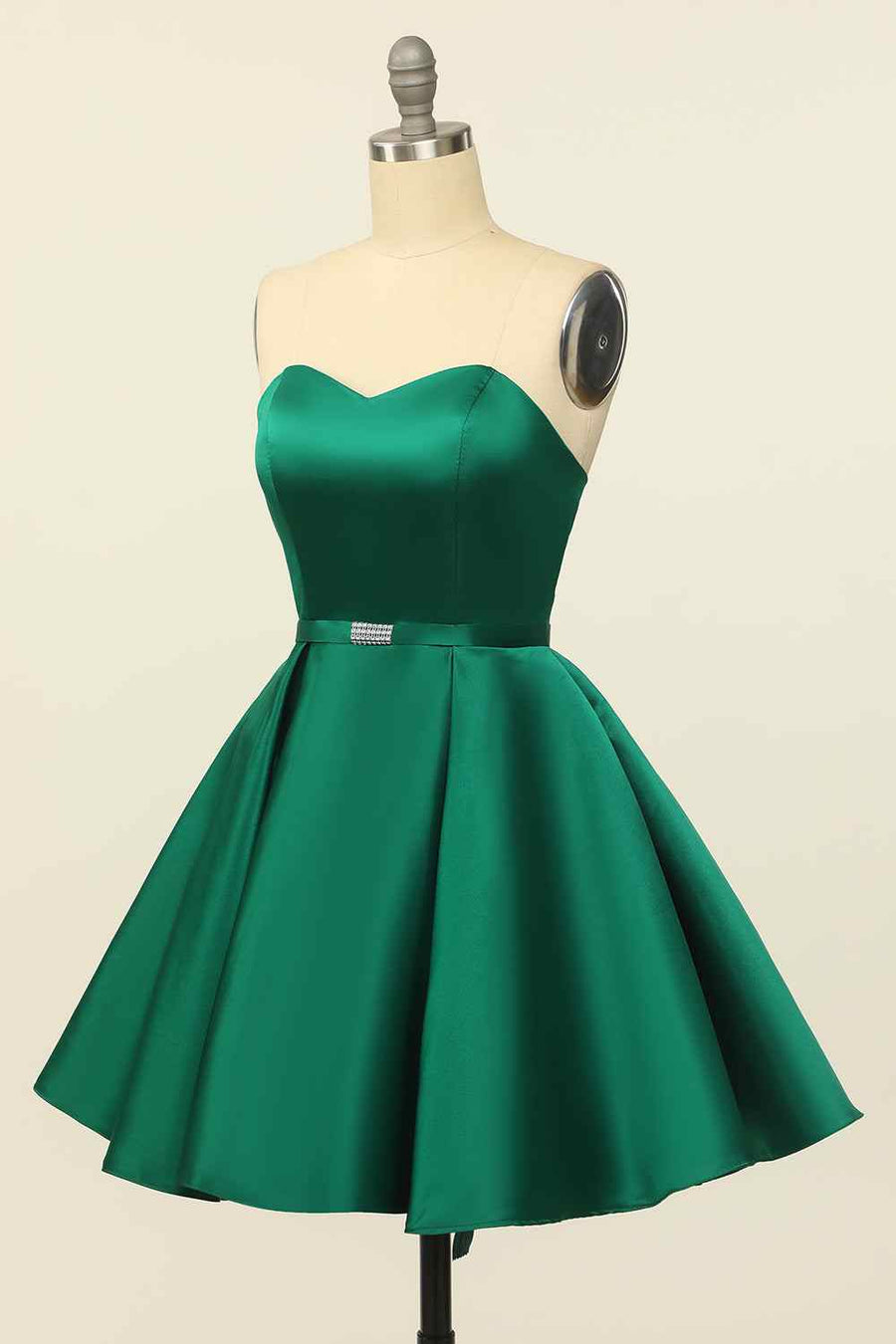Hunter Green A-line Strapless Satin Mini Homecoming Dress with Beaded Sash