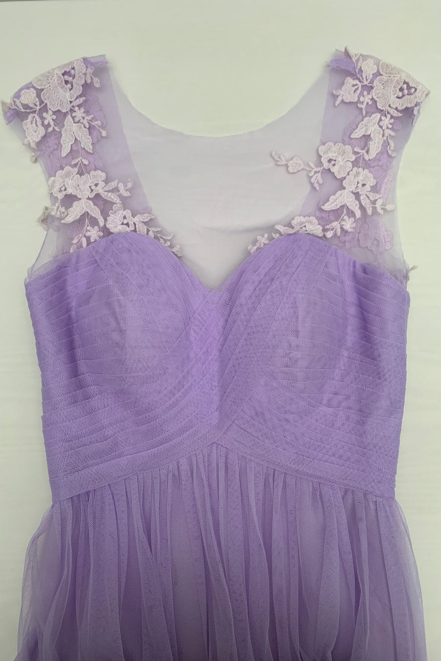 Lavender A-line Illusion Tulle Pleated Lace Long Bridesmaid Dress