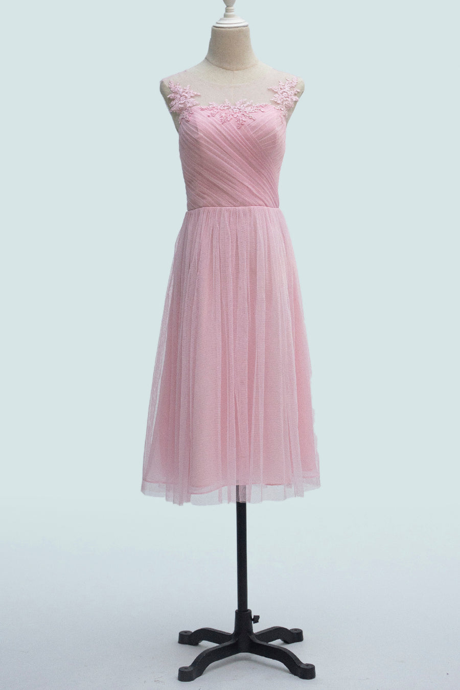 Candy Pink A-line Illusion Tulle Pleated Applique Knee Length Bridesmaid Dress