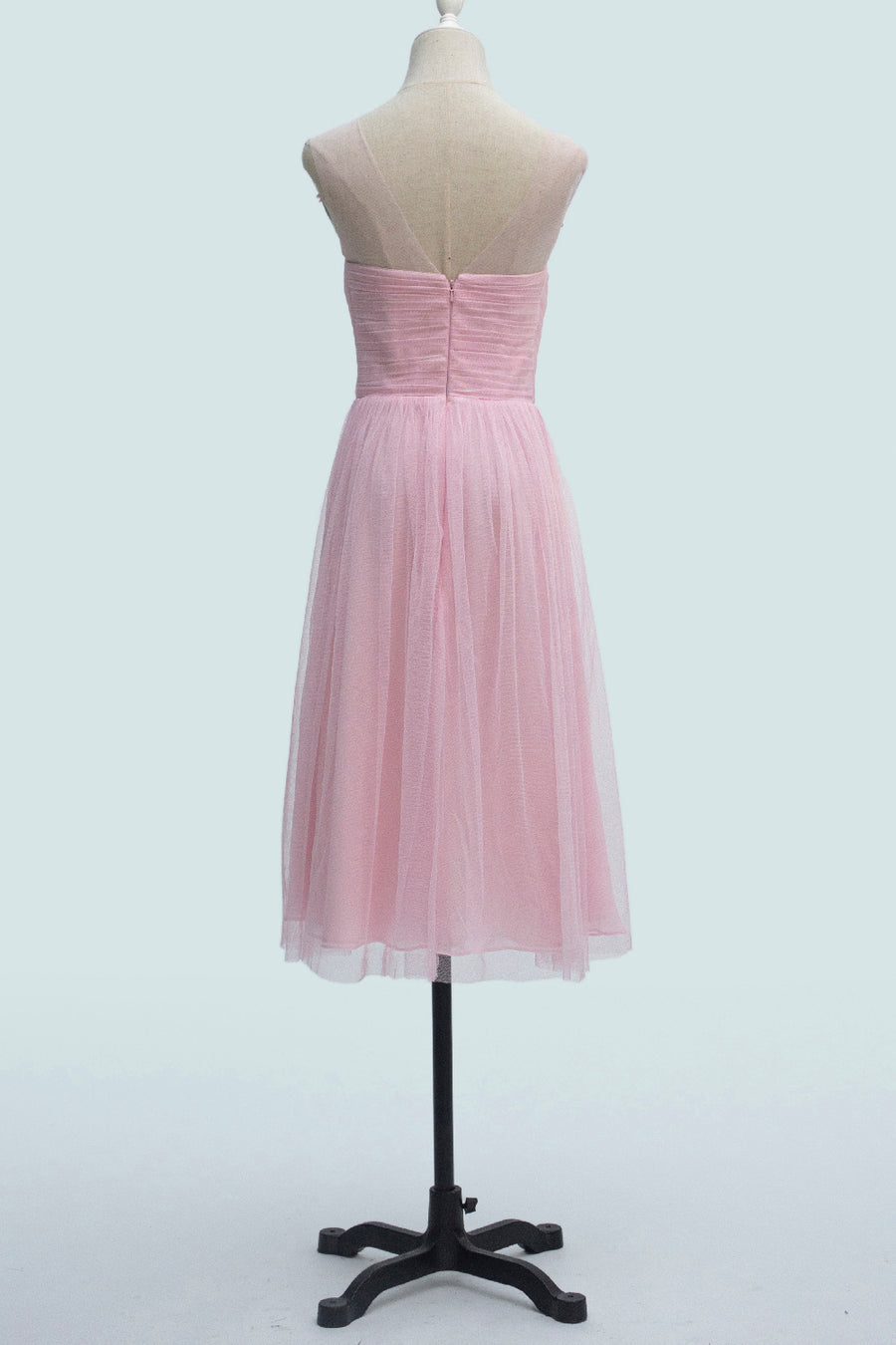 Candy Pink A-line Illusion Tulle Pleated Applique Knee Length Bridesmaid Dress