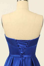 Royal Blue A-line Fold Strapless Lace-Up Back Satin Mini Homecoming Dress